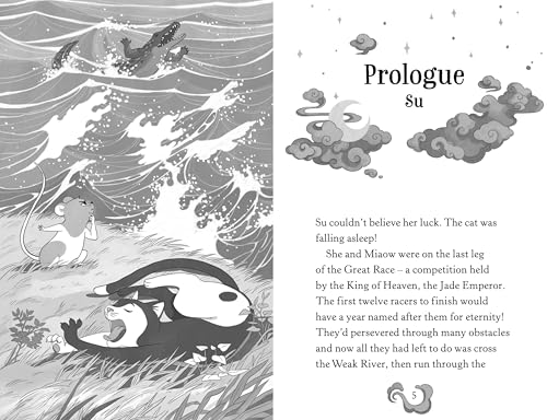 Illustration of a rat watching a sleeping cat near a river with a crocodile.