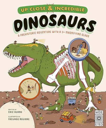 Book cover with illustrated dinosaur, magnifying glass, and paleontologists.