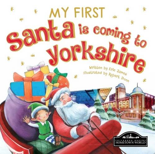 Santa and an elf in a sleigh filled with gifts, with a Yorkshire building background.