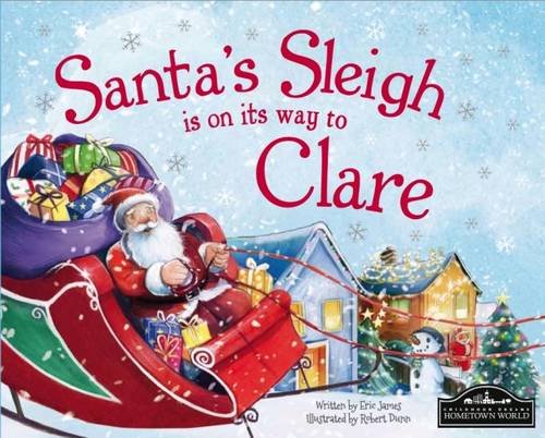 Santa in a sleigh filled with gifts flies over a snowy town.