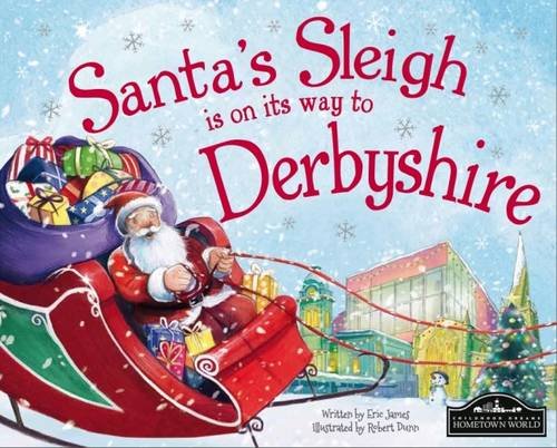 Santa in a red sleigh with gifts, flying over a town.