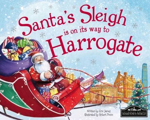 Santa in a red sleigh flies over a snowy Harrogate townscape.