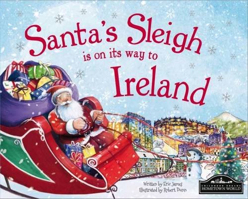 Santa in a red sleigh flying over a snowy Irish town.