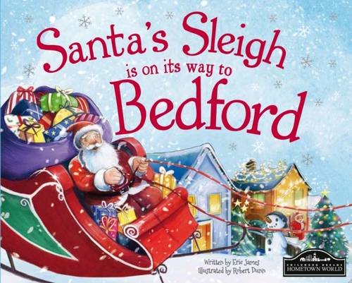 Santa in a sleigh flies over a snowy town with gifts.