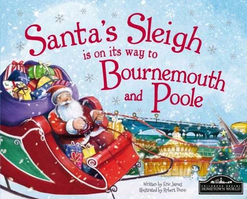 Santa in a sleigh flying over Bournemouth and Poole landmarks.