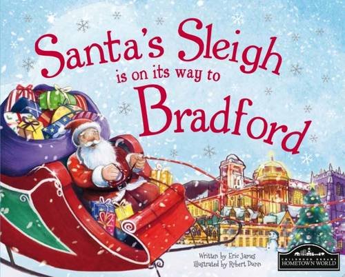 Santa Claus in a sleigh flying over a snowy city on a book cover.