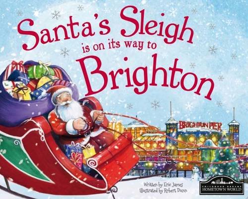 Santa in a sleigh flying towards Brighton Pier, illustrated cover.