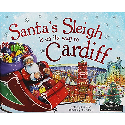 Santa in a red sleigh flying over a snowy Cardiff cityscape.
