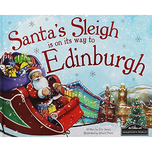 Santa in a red sleigh flies over Edinburgh, with gifts and snow.