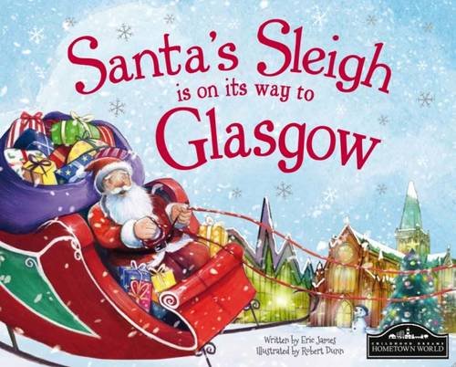 Santa in a sleigh flies over a snowy Glasgow cityscape.