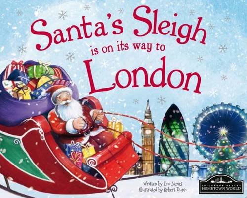 Santa in a sleigh flying over London landmarks, with gifts.