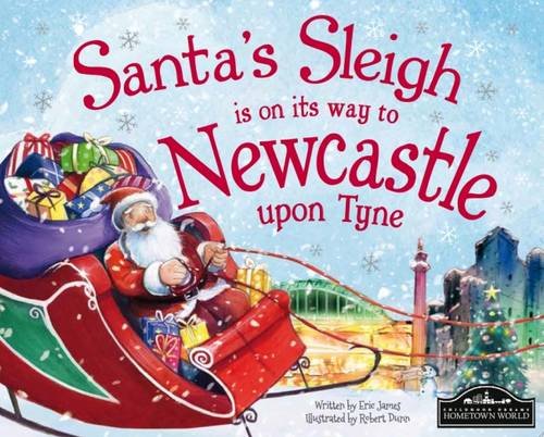 Santa in a red sleigh filled with gifts, flying over Newcastle.