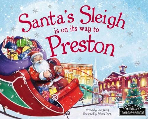 Santa in a red sleigh flying over a snowy town scene.