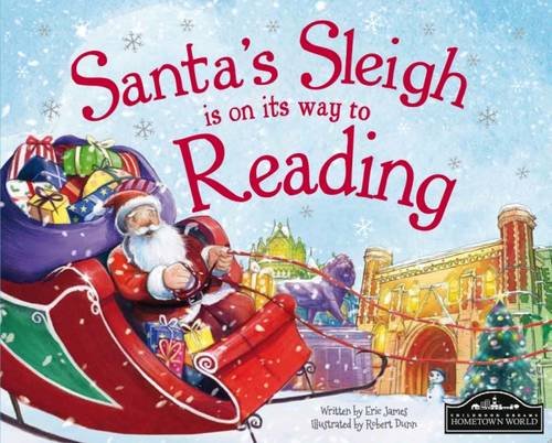 Santa in a sleigh flies over a snowy town with buildings.