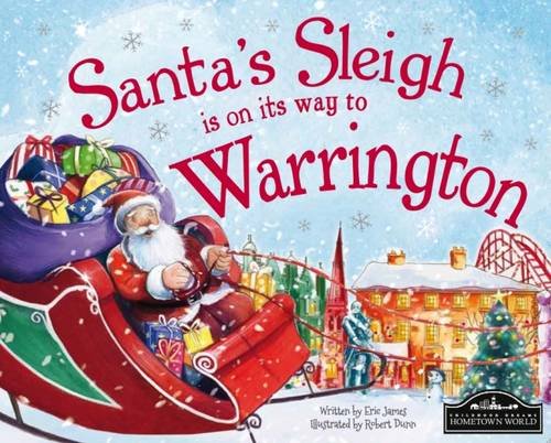 Santa in a sleigh flies over a snowy Warrington townscape.