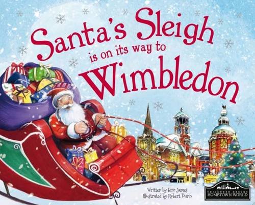 Santa in a sleigh flies over Wimbledon’s buildings, snowy scene.