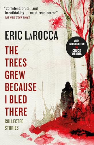 Book cover with red watercolor trees, a hooded figure, and white text.