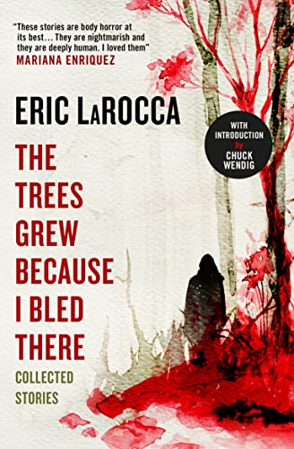 Book cover: red watercolor splatters, trees, and a cloaked figure.