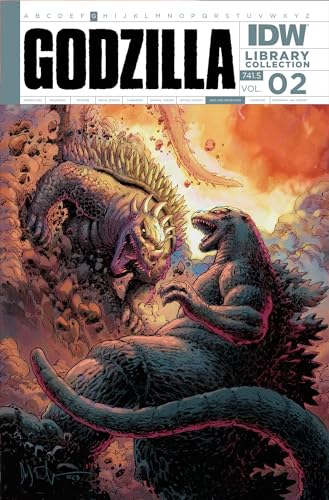 Godzilla battles another monster in a fiery, orange-toned comic book cover illustration.
