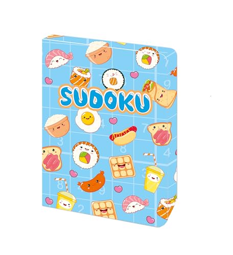 Blue Sudoku puzzle book cover featuring cute cartoon food illustrations and pink hearts.