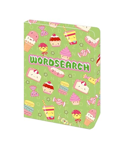 Green wordsearch book cover featuring cute cartoon sweets, boba tea, and cakes.