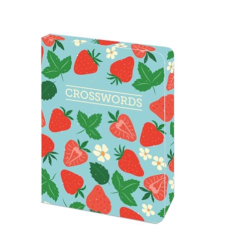 Strawberry-patterned tin containing "Crosswords" puzzle book.