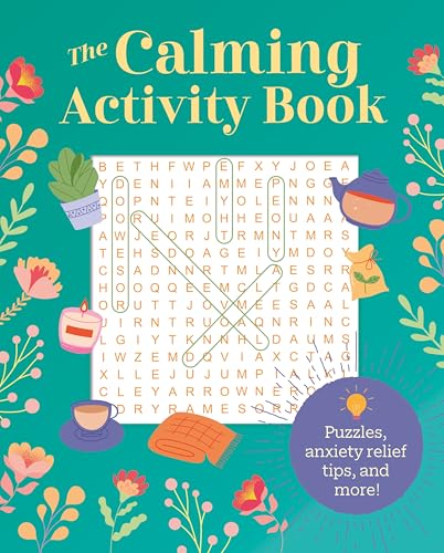 Book cover with word search, floral designs, and calming imagery.