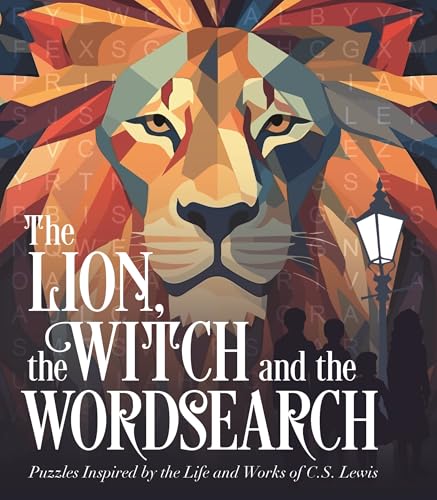 Geometric colorful lion head above the title "The Lion, the Witch and the Wordsearch".