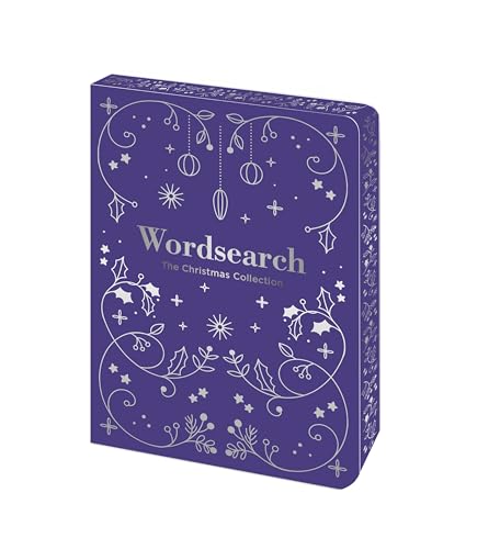 Purple wordsearch puzzle book with silver festive illustrations and title.