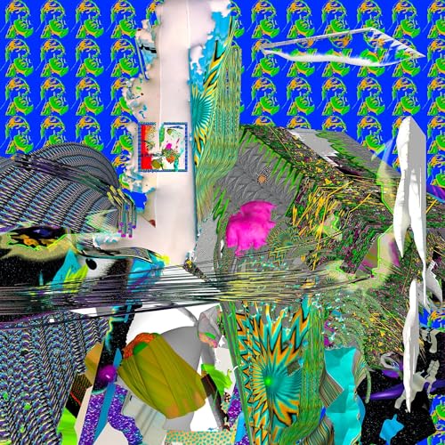 Abstract digital collage featuring repeating blue faces, geometric shapes, and vibrant, distorted textures.