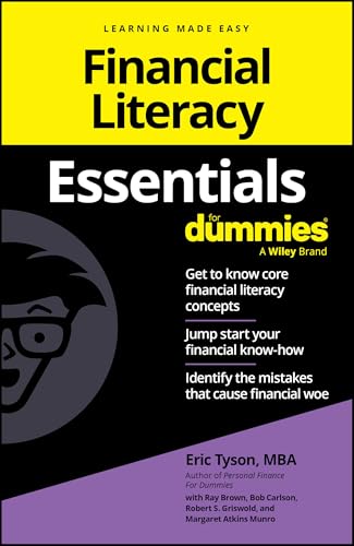 Book cover: “Financial Literacy Essentials For Dummies” with a gray profile.