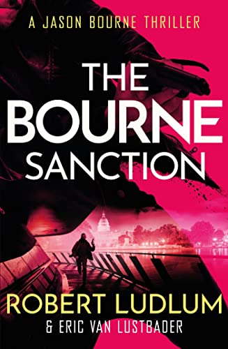 Book cover for “The Bourne Sanction” featuring a silhouetted figure and city lights.