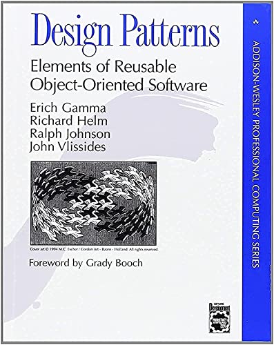 Book cover for Design Patterns: Elements of Reusable Object-Oriented Software featuring an M.C. Escher illustration.