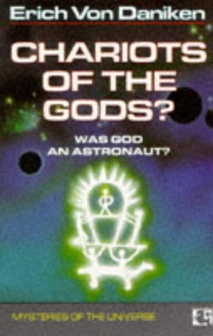 "Book cover with 'Chariots of the Gods?' title, astronaut symbol, and space-themed background."