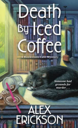 Book cover with black cat, spilled iced coffee, and bookstore shelves.