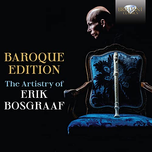 CD cover featuring a man with a recorder, ornate chair, dark background.