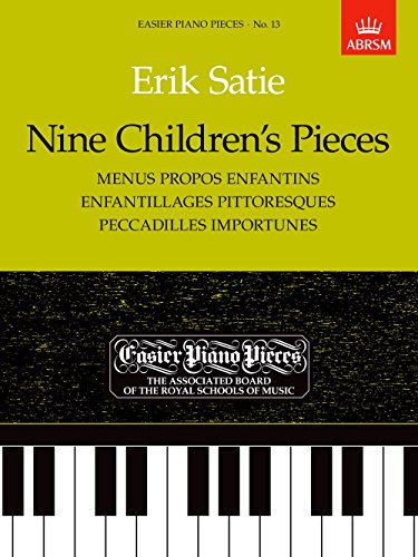 Sheet music cover for Erik Satie’s “Nine Children’s Pieces” with piano keys.