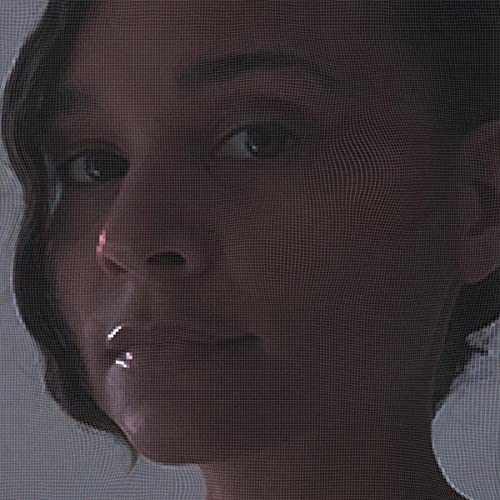 Close-up portrait of Erika de Casier viewed through a distorted digital grid overlay.