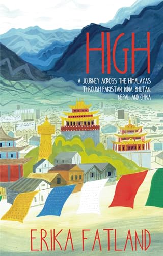 Vibrant illustration of Himalayan village with prayer flags, temples, and mountains in background.