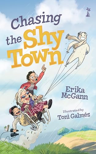 Book cover: children with a flying figure, and a woman on a bicycle.
