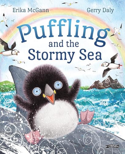 Book cover: a fluffy puffin on a wave under a rainbow.