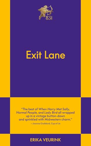 Book cover with purple and yellow blocks, titled Exit Lane by Erika Veurink.