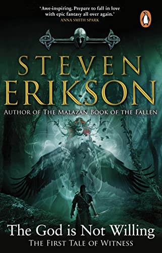 Book cover featuringC featuring a winged figure looming over a warrior in a forest.