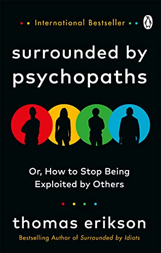 Book cover: "Surrounded by Psychopaths" with silhouettes in colored circles.