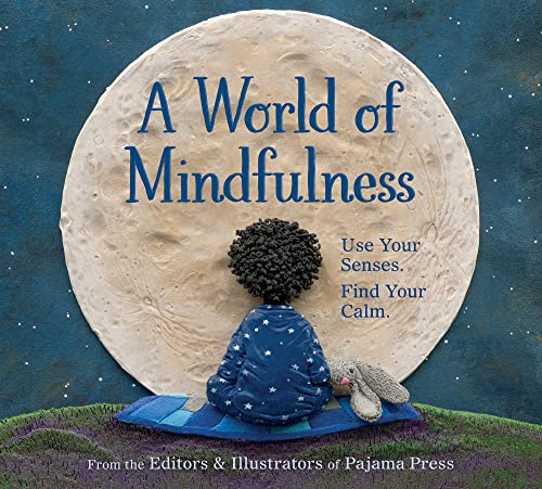 Book cover: child silhouetted against a large moon, with text "A World of Mindfulness".