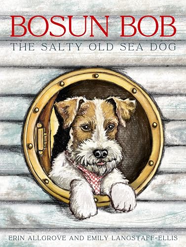 A terrier wearing a red bandana looks out from a brass ship's porthole.