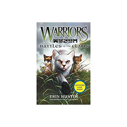 Book cover featuring a white cat and other cats in grass, titled Warriors Battles.