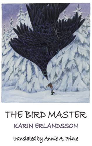 Book cover: large black bird descending towards a small figure in snow.