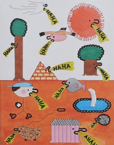Whimsical illustration of smiling sun, trees, animals, and a small house.