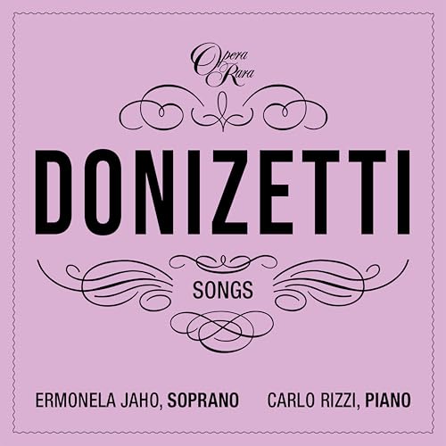 CD cover with purpleLS pink background, "DONIZETTI SONGS" text, and artist names.